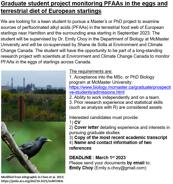 SCO_SOC's tweet photo. Join the @Emily_S_Choy lab at @McMasterU as a #GraduateStudent this year, monitoring PFAAs in the eggs and terrestrial diet of European starlings.
Send CV, cover letter, most recent academic transcript, &amp; name / contact info for 2 references to Emily.s.choy@gmail.com by March 1. https://t.co/5cJqoryoVQ