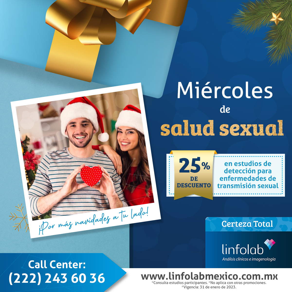 LINFOLAB_MEXICO's tweet photo. ¡Miércoles de salud sexual! 🤩
Cuida tu salud y la de tu pareja.
En Linfolab contamos con el 25% de descuento en estudios de la detección para enfermedades de transmisión sexual. 🙌🏻
#laboratoriopuebla #linfolab #certezatotal https://t.co/gkq0FyrJ6w
