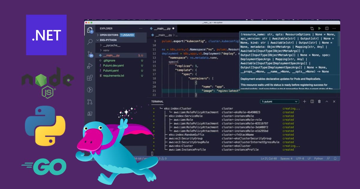 PulumiCorp's tweet photo. Did you know you can use #Pulumi to author #EKS clusters in your favorite language? Give it a go! 👇
https://t.co/Sb9rKUotPv
#AWS #Cloud #InfastructureAsCode https://t.co/jKSJ3yTIwx