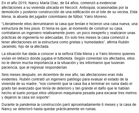 antamanece's tweet photo. #LaPapaCaliente Acusan a Yairo Moreno, futbolista colombiano, de no pagar la pérdida total de una vivienda en Necoclí ocasionada por la construcción de la casa que le hizo a su abuela. Comunicado emitido por la familia afectada. https://t.co/JRC46XjE1v