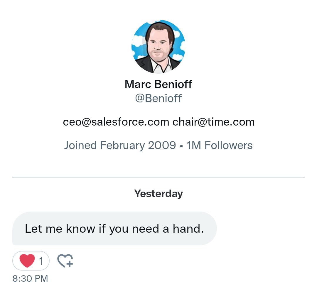 Super honored that Mr <a href="/Benioff/">Marc Benioff</a> contacted me directly! But I'm not sure what I should ask for. 😂 Thanks so much for the offer Mr Marc.