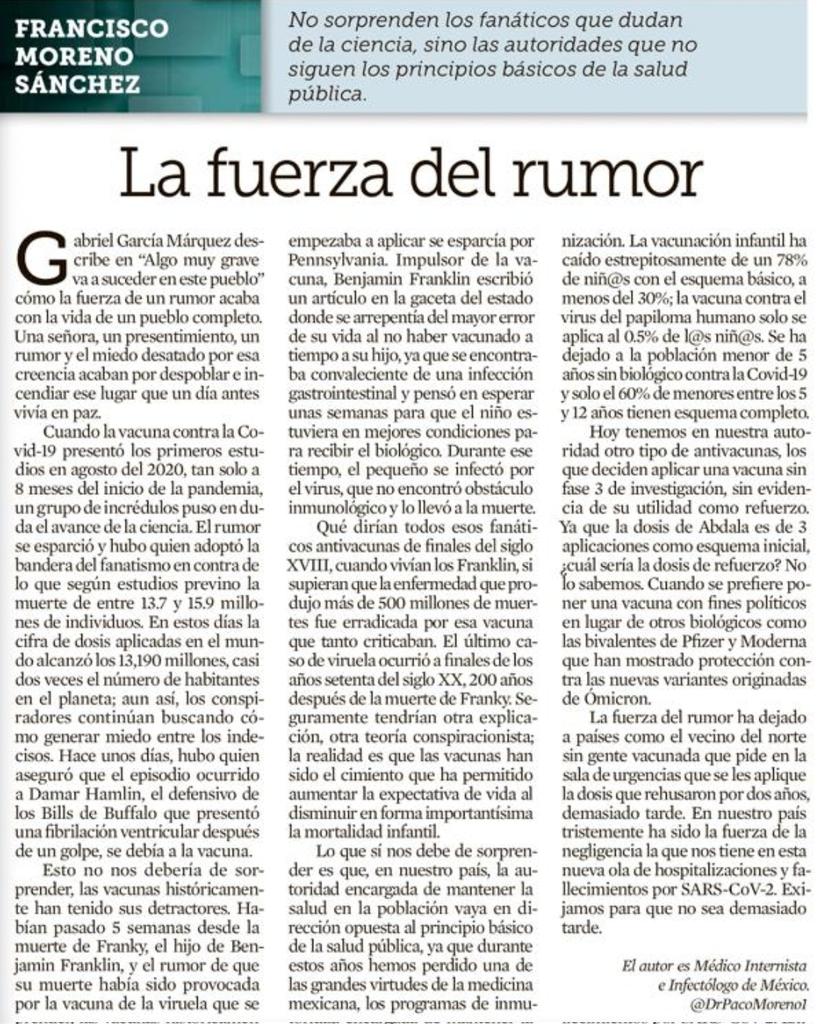 La gente que rehusa la vacuna llega a urgencias con #COVID19 pidiendola, demasiado tarde.
En México la autoridad sanitaria nos niega la vacuna bivalente, exigamos nuestro derecho a poder tener disponibilidad de este biológico, antes de que sea demasiado tarde.
Mi opinion <a href="/Reforma/">REFORMA</a>