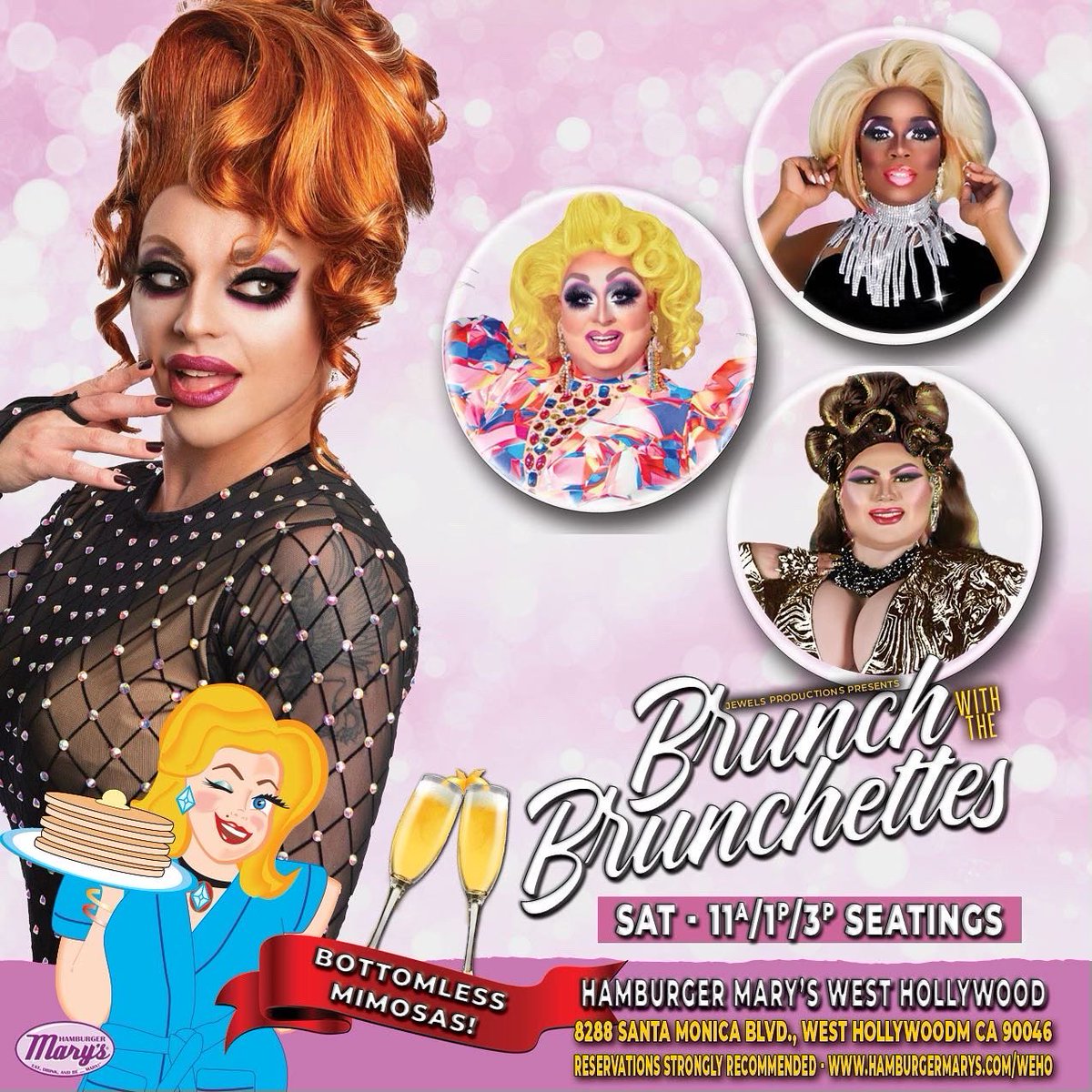 SATURDAY BOTTOMLESS
MIMOSA BRUNCH!!! 3 Seatings - 11am, 1pm and 3pm. Bottomless mimosas and delicious food! This
week, join Sparkle Stone, Ava Stone and Torta Jugosa for BRUNCH WITH THE BRUNCHETTES! Hosted by Allusia! Make reservations now online! It's MIMOSA TIME!