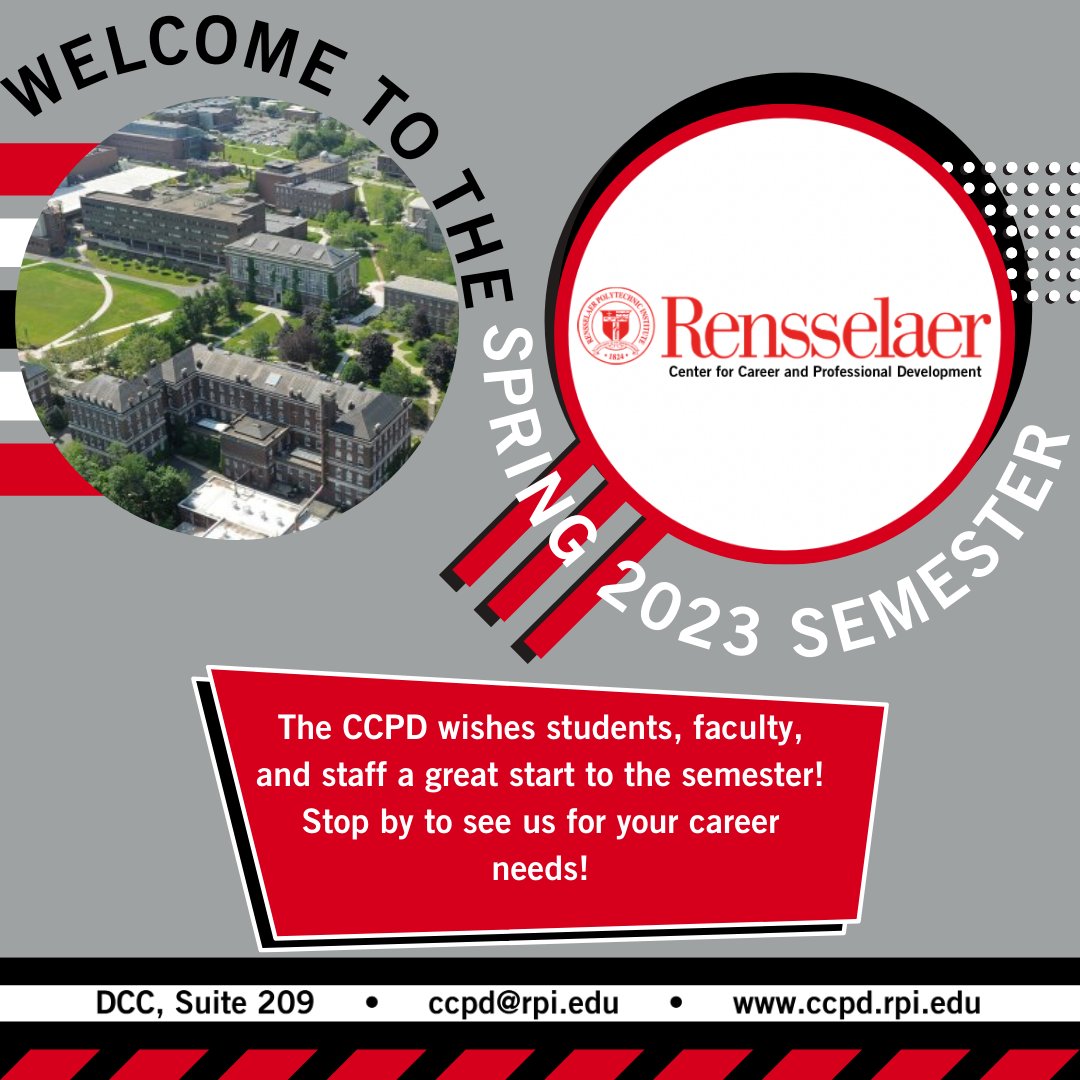 CCPDatRPI's tweet photo. Happy First Week of the Spring 2023 Semester! We are excited to see campus full once again! 
Come by Monday through Friday between 1-3PM for a quick Drop-In session to talk about any career related questions! 
.
.
.
#RPI #Careers #Employment #Internships #Jobs #RPIConnects ##CCPD https://t.co/YVXT4YXies