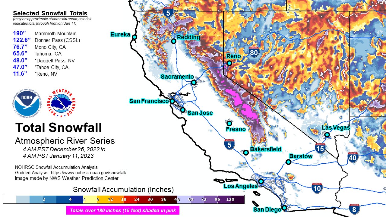 A map of summed NOHRSC snowfall analysis values for the 16-day period from 4 AM PST on December 26, 2022 to 4 AM PST on January 11, 2023 showing multiple feet of snow in the mountains of northern and central California, and fairly widespread 10+ foot totals in the central Sierra Nevada at the highest elevations.