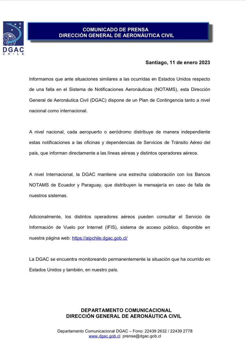 [#InfoDGAC] Adjuntamos Comunicado de Prensa respecto del Plan de Contingencia que dispone la <a href="/DGACChile/">DGAC Chile</a> ante situaciones similares a la falla del Sistema de Notificaciones Aeronáuticas ocurrido en EEUU.