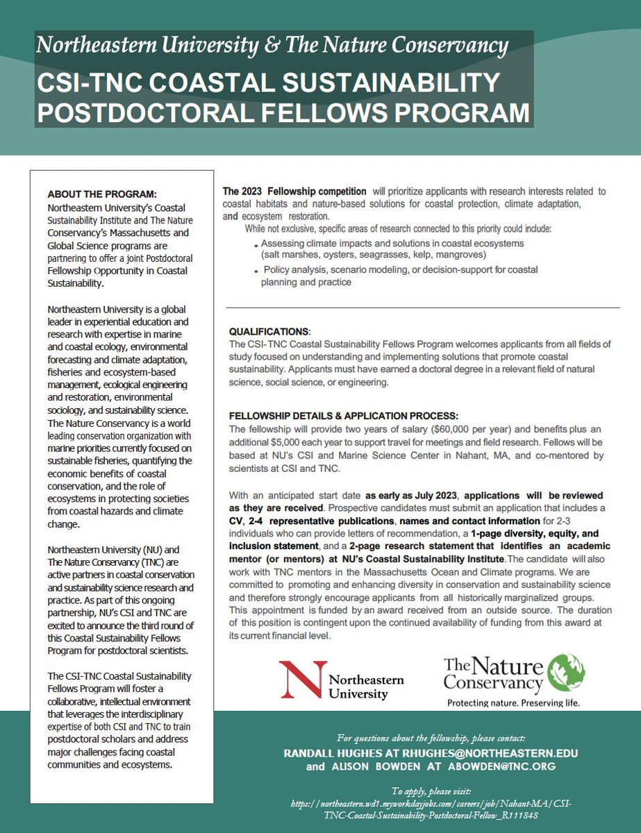 Come work with us at @NUMarSci and @ConserveMA! 2-year postdoc in #CoastalSustainability, with mentors at NU and TNC. Job posting here: northeastern.wd1.myworkdayjobs.com/careers/job/Na… Please RT.