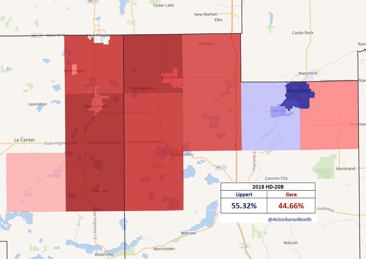 ActorAaronBooth's tweet photo. One district that was expected to be a bit more competitive than it was had a red wave materialized was #HD58A where @Pursell4MNHouse was able to relatively easily hold the Northfield area seat held in it's previous iteration by the retiring @tslippert. https://t.co/Rc2Dpq8KQl