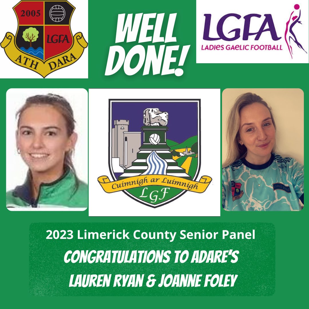 AdareLGFC's tweet photo. ❤️🖤Comhghairdeas 🥳

Congratulations and best wishes to Adare’s Lauren Ryan &amp; Joanne Foley who has been named on the Limerick County Senior Football Panel for 2023! 🟢⚪
️
Táimíd chomh bródúil 🤗
We are all so proud of you girls❤️🖤🏐

#ÁthDaraAbú #limericklgfa #countyplayer https://t.co/Ljd3PbTKyb
