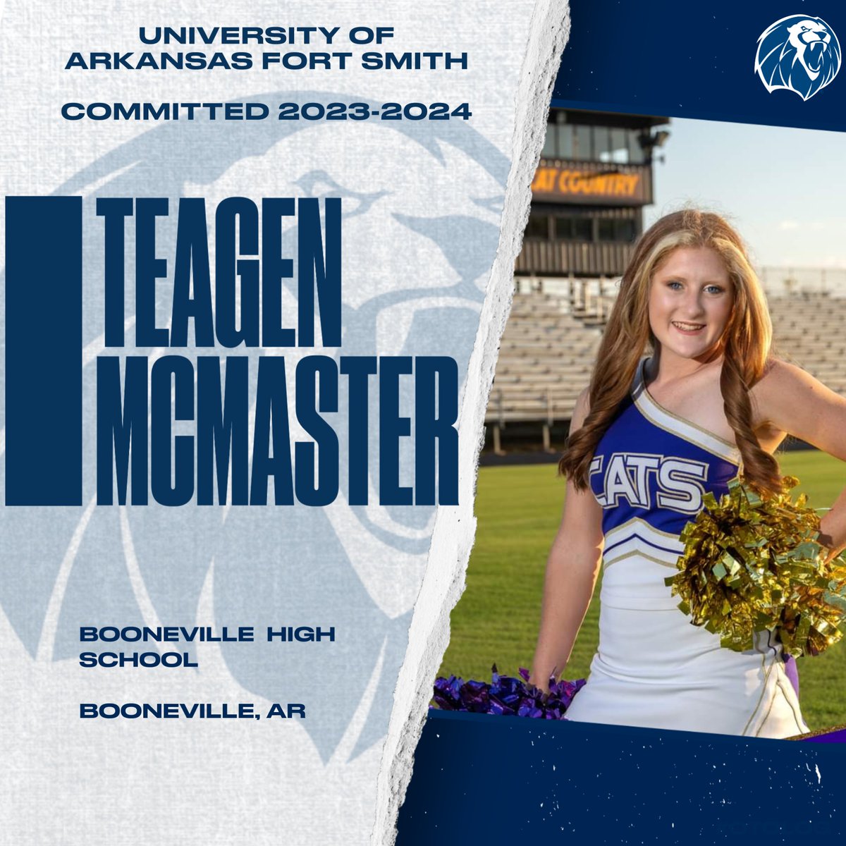 We have another COMMITTED LION!! Teagen Started her cheer career at Statik Fuzion Allstars when she was 7 years old. She also cheered at Booneville High school where she  won a state championship. We are excited to welcome Teagen to the Lion Family!!