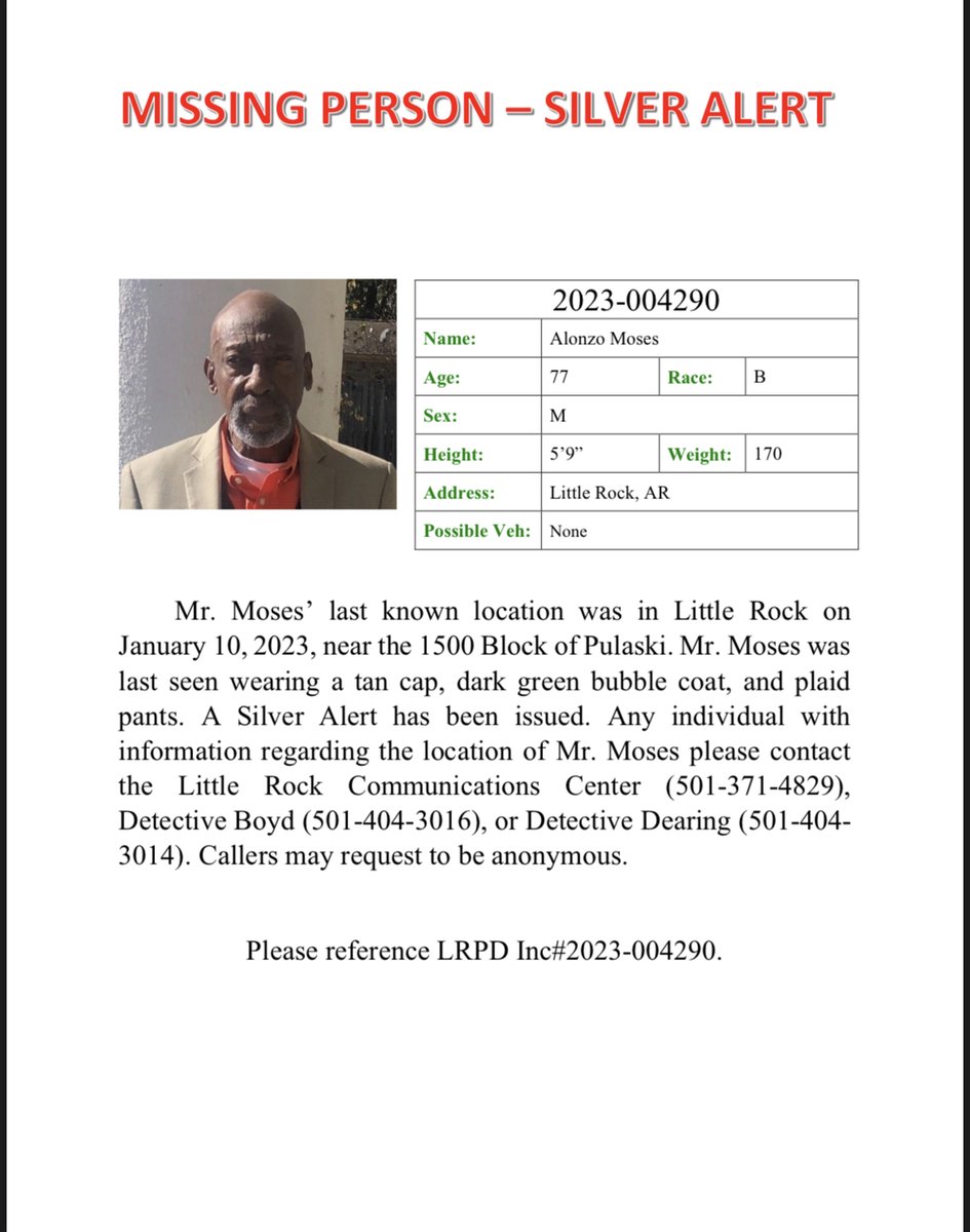 LRpolice's tweet photo. Help us locate Mr. Moses.  If you know of his whereabouts, contact detectives at 501-371-4829 or 501-404-3016. https://t.co/8e1GOVurKW
