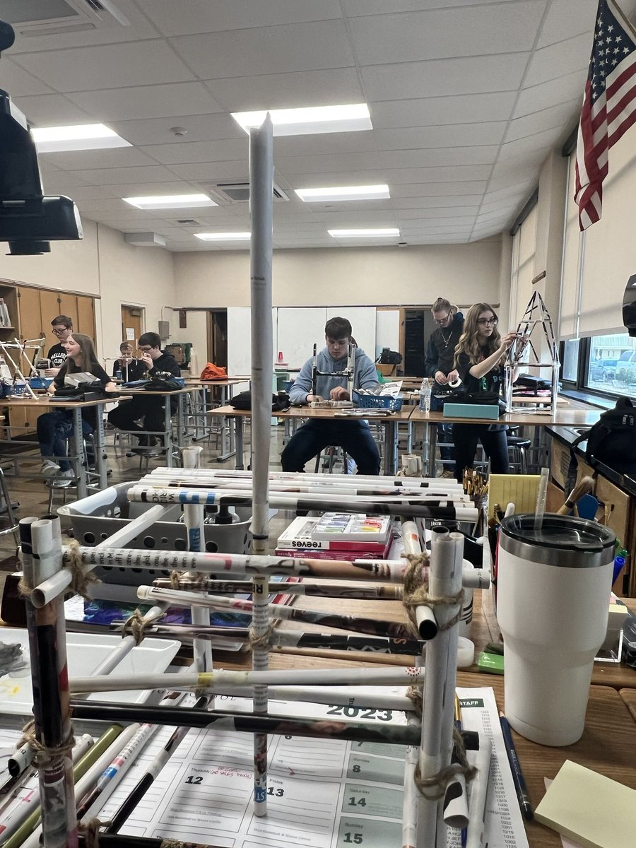 3D Design is a hands-on class. We learn by doing. In this case we are learning how to create armature for future projects by creating repeating small shape sculptures out of old magazine pages and testing their strength by putting weight on them. #salemwildcatpride
