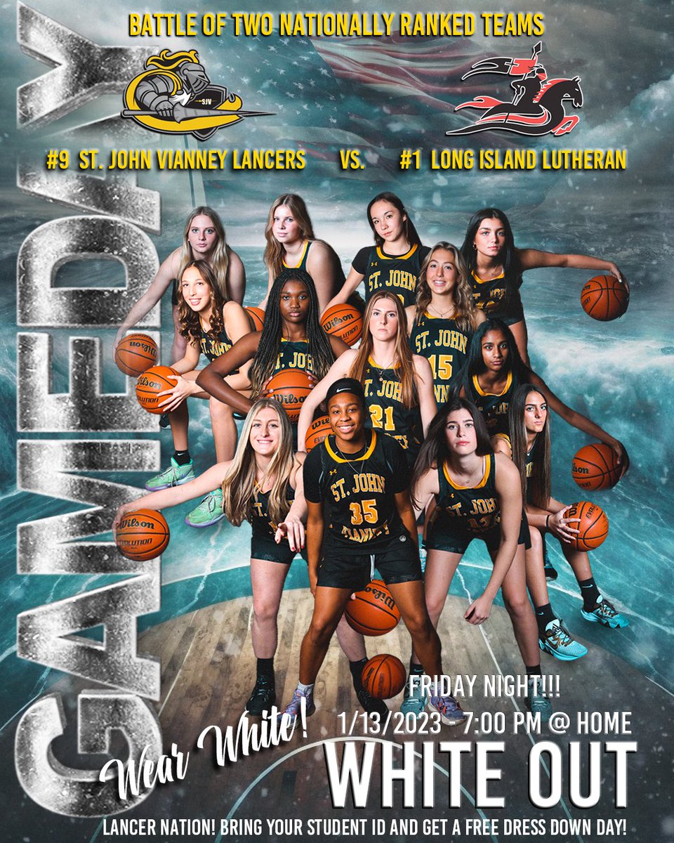SJV Lady Lancers Basketball (@sjvladylancers) on Twitter photo GAMEDAY! Come support USA 9th Ranked SJV Lady Lancers as they Vs USA 1st Ranked Long Island Lutheran on FRI Nite 1/13/23 - 7:00 PM at HOME 🏰 - WEAR WHITE!! Lancer Nation show your student ID, GET A FREE DRESS DOWN DAY! LET'S Go 💪 <a href="/sjvcoach/">Dawn Karpell</a> <a href="/pero_zoe/">Zoe</a> <a href="/SJVHS_Athletics/">Pat Smith</a> <a href="/SJVHS/">Saint John Vianney High School</a> GAMEDAY! Come support USA 9th Ranked SJV Lady Lancers as they Vs USA 1st Ranked Long Island Lutheran on FRI Nite 1/13/23 - 7:00 PM at HOME 🏰 - WEAR WHITE!! Lancer Nation show your student ID, GET A FREE DRESS DOWN DAY! LET'S Go 💪 <a href="/sjvcoach/">Dawn Karpell</a> <a href="/pero_zoe/">Zoe</a> <a href="/SJVHS_Athletics/">Pat Smith</a> <a href="/SJVHS/">Saint John Vianney High School</a>