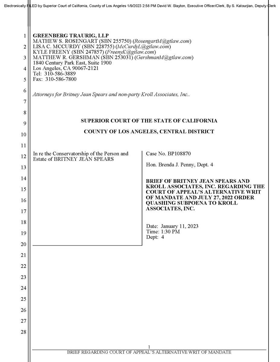 BritneyDocs's tweet photo. 🌹 1.9.23 BRIEF OF BRITNEY JEAN SPEARS AND KROLL ASSOCIATES, INC. REGARDING THE COURT OF APPEAL’S ALTERNATIVE WRIT OF MANDATE AND JULY 27, 2022 ORDER QUASHING SUBPOENA TO KROLL ASSOCIATES, INC.

6 pages + 4 exhibits
28 total pages - 1/8

#JusticeForBritney https://t.co/mzipDwe4xx