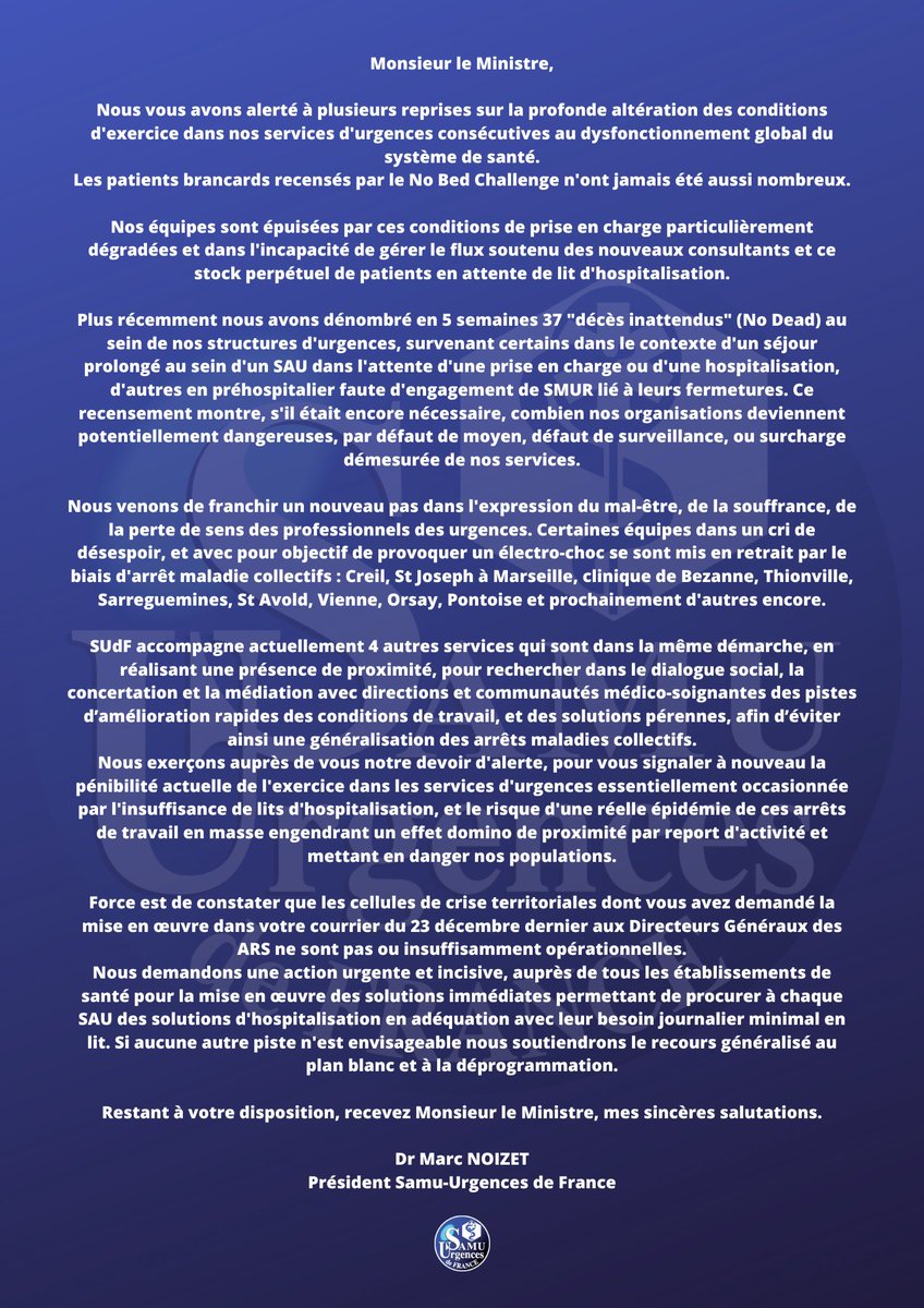 "Monsieur le Ministre,
Nous avons dénombré 37 décès inattendus, nos organisations deviennent potentiellement dangereuses.
Nous demandons une action urgente et incisive"

#urgences #crise #danger 
<a href="/Sante_Gouv/">Ministère de la Santé</a> <a href="/FrcsBraun/">François Braun</a>