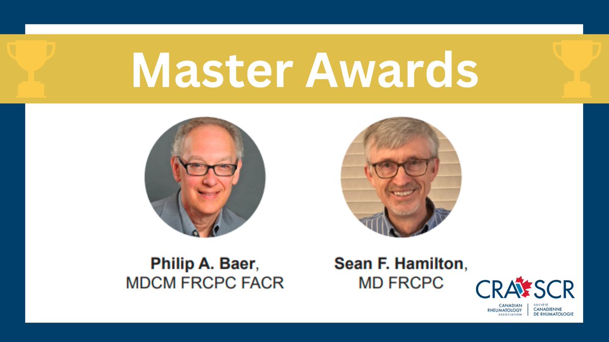 🎉Congratulations to the 2023 CRA Master Award recipients, Dr. @baer_philip and Dr. Sean F. Hamilton! The CRA Master Award is a lifetime achievement award bestowed upon members aged 65 and older who have made outstanding contributions to the field of rheumatology. Thank you 👏