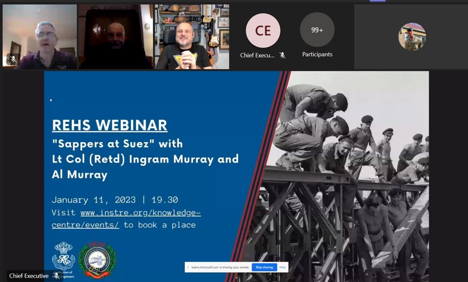 RE_Hist_Society's tweet photo. And we are underway with our "Sappers at Suez" webinar with @almurray and his father, Ingram 'The Colonel' Murray, talking #SapperHistory Great t-shirt Al, I am sure @32EngrRegt will be pleased to see you wearing it! https://t.co/cFtCk1vjRf