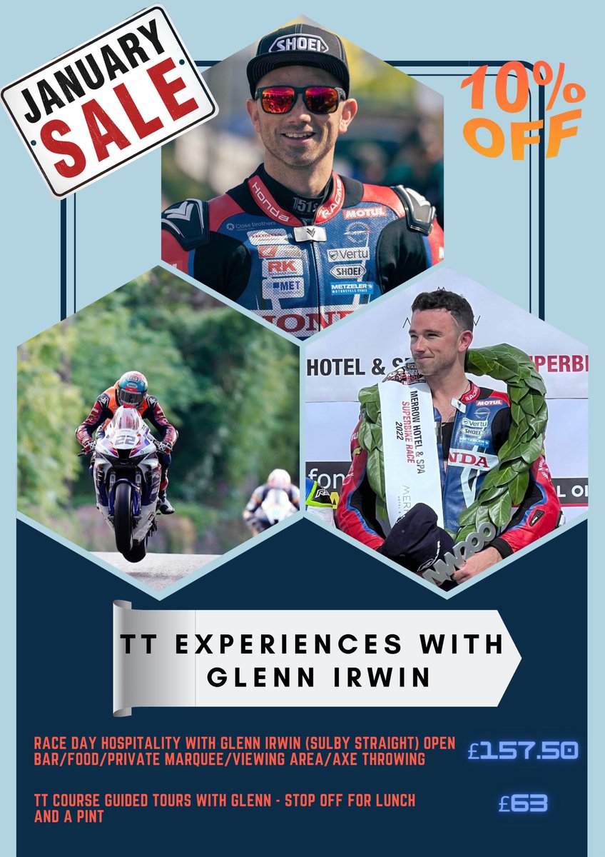 Drop us a msg if you want to book a TT experience with <a href="/GIrwinRacing/">Glenn Irwin</a> ! 10% discount throughout January! #iomtt #isleofman #glennirwin #roadracing