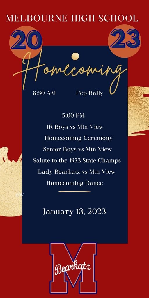 Schedule of Events for Homecoming 2023!

January 13, 2023

8:50 AM - Pep Rally

5:00 PM - Jr Boys vs Mtn View
Homecoming Ceremony
Senior Boys vs Mtn View
Salute to the MHS 1973 State Champions
Lady Bearkatz vs Mtn View
Homecoming Dance