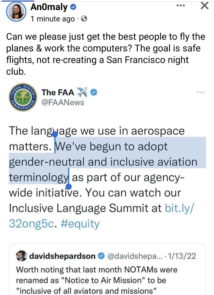 DiagolonMonkey's tweet photo. And then there is this...
The #FAA has decided to go #woke and adopt #GenderInclusiveLanguage for #aviation and #airtrafficcontrol
Absolute insanity 🤬
#FAAOutage #CyberAttack
#cyber #Hacker https://t.co/M2PjrW7rtM