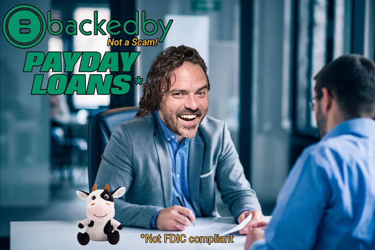 BackedbyPay's tweet photo. Having trouble keeping up with those monthly backedby shitcoin payments? Don't worry! We are here to help!

Introducing Backedby Payday Loans! Competitive rates from a company you can probably trust!

Bad credit? No credit? No problem! We don't even check scores!

Apply today! https://t.co/kCguOFqoUC