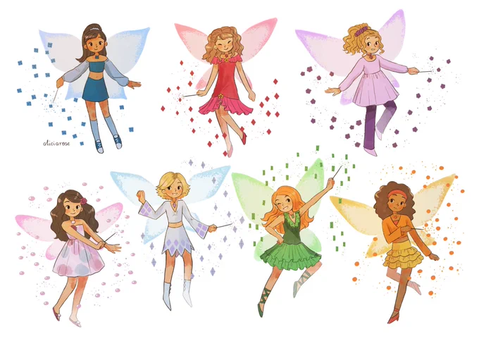 Every year since 2020 I've been redrawing a set of fairies from one of my favourite childhood series - the Rainbow Magic Fairies 2023 - Weather Fairies 2022 - Party Fairies 2021 - Jewel Fairies 2020 - Rainbow Fairies  