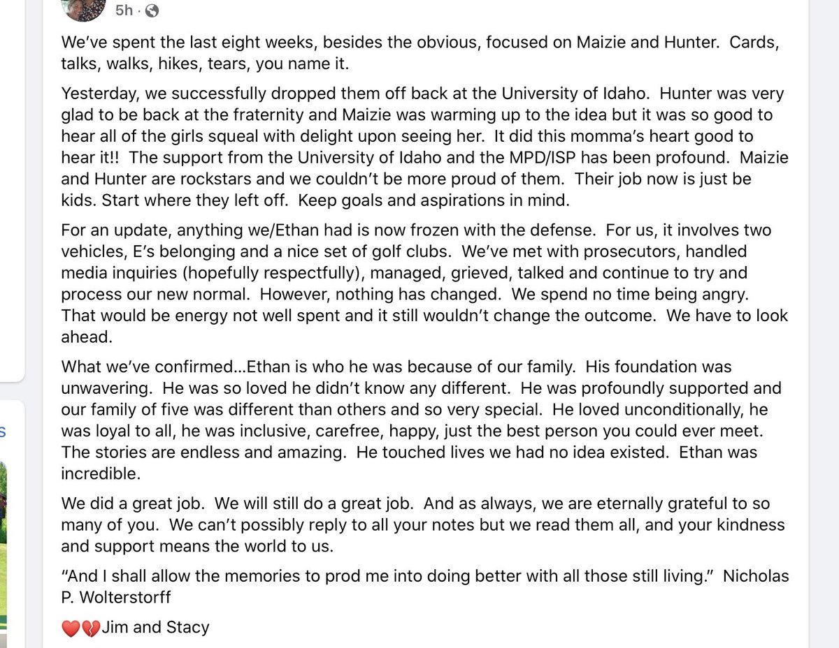 Angenette5's tweet photo. A heartbreaking statement as Ethan Chapin’s siblings (he was a triplet) return to the University of Idaho. The Chapins seem strong. Can’t imagine being in their position as a parent 😢 #IdahoFour @LawCrimeNetwork https://t.co/tqcaJ7hjQj