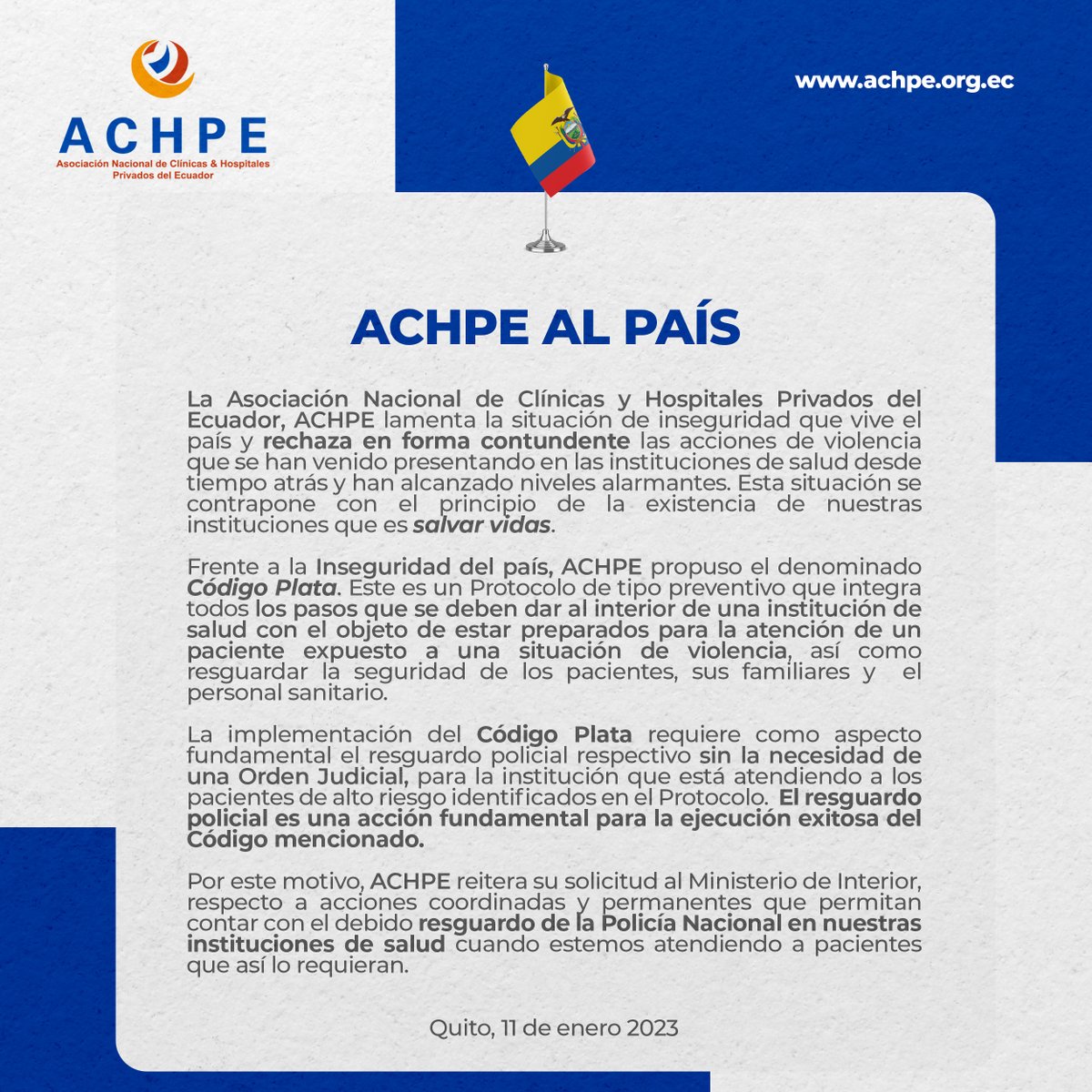 AchpeEcuador's tweet photo. ACHPE AL PAÍS
La Asociación Nacional de Clínicas y Hospitales Privados del Ecuador, ACHPE lamenta la situación de inseguridad que vive el país y rechaza en forma contundente las acciones de violencia..leer más https://t.co/ZCqbWNpr2O
#achpe #salud #codigoplata #noticias #ecuador https://t.co/haM8jT1DAS