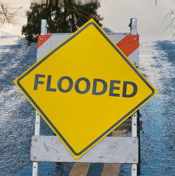 Yellow sign on an a-frame in a roadway says "FLOODED"