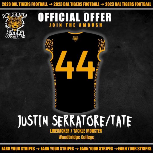 After a great call with <a href="/dre_goguen/">Dré</a> and <a href="/s_mcintyre/">Shawn McIntyre</a> I am honoured to receive my first official offer to be a Dalhousie Tiger! <a href="/DalFootballClub/">Dalhousie Football Club</a>