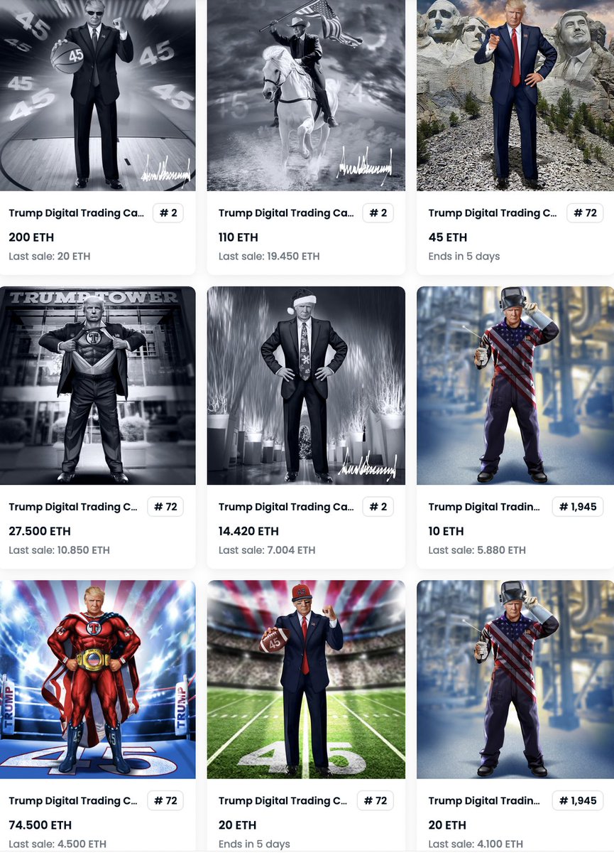 Twin (@twintowercity) on Twitter photo After launching for $99, Trump Trading Cards are now selling for $1000s.
Even the cheapest cards in the set cost $250.
Only 45,000 cards available for Trump's 100 million followers and voters.
Do the math.
Everything President Trump touches turns to gold!
<a href="/CollectTrump/">CollectTrumpCards</a> #MAGA After launching for $99, Trump Trading Cards are now selling for $1000s.
Even the cheapest cards in the set cost $250.
Only 45,000 cards available for Trump's 100 million followers and voters.
Do the math.
Everything President Trump touches turns to gold!
<a href="/CollectTrump/">CollectTrumpCards</a> #MAGA