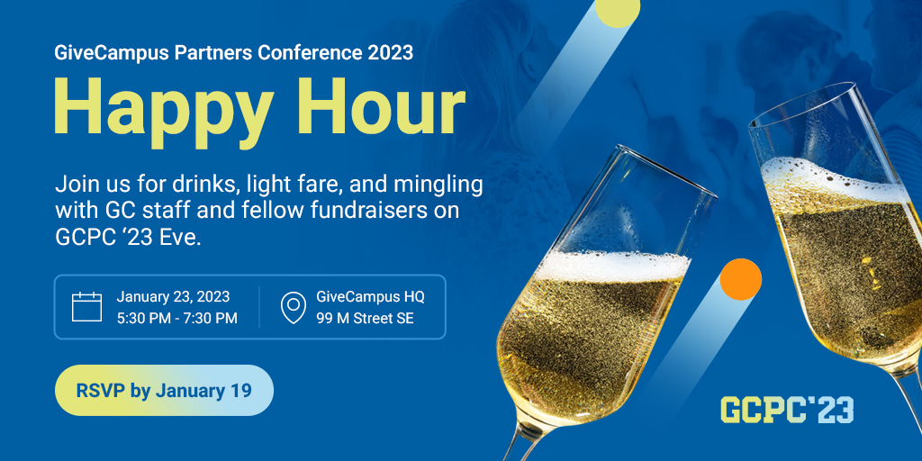 Are you located a hop, skip, (or train ride away) from the DC area? Are you planning to arrive to DC the day before the GiveCampus Partners Conference kicks off?

Join us for a happy hour at the GiveCampus HQ on January 23! 🥂

RSVP here: tinyurl.com/gcpc2023-happy…