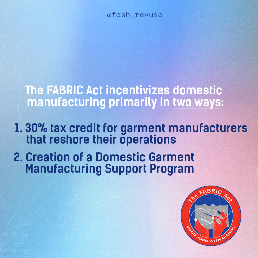 Fash_RevUSA's tweet photo. The #FABRICAct will revitalize domestic garment manufacturing and strengthen the resurgence of Made In USA apparel. 🇺🇸
🔗Click the link to sign and support the petition to #PassFABRICAct - https://t.co/NY3ZP4HFMj
#WhoMadeMyClothes #FashionRevolutionUSA #FashionRevolution https://t.co/rR0vfsa1ho