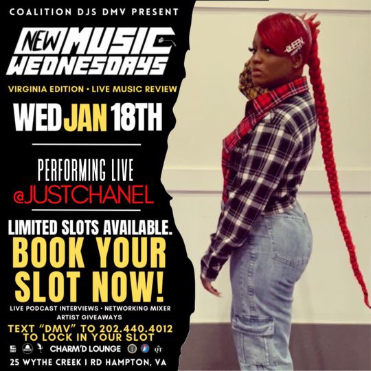 iamjustchanel's tweet photo. 🚨Next Wednesday!! Bring yo ass out and Turn all the way up with THE REALEST🚨‼️

#performance #liveperformance #dmvartist #dmvartists #dmvrapper #dmv #charmdlounge757 #757artist #757 #rap #femalerappershaderoom #femaleraper #newmusic #music #trap #musicproducer #producer https://t.co/uYXLC9Njmz