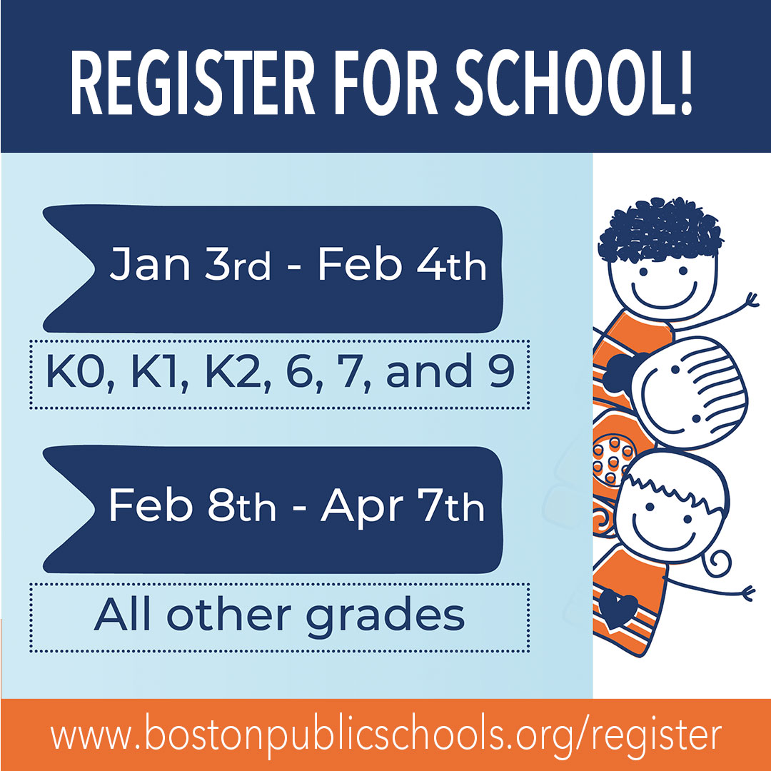 BostonSchools's tweet photo. BOSTON PUBLIC SCHOOLS
https://t.co/OLsHGlmyaE

Register for school!
K0, K1, K2, 6, 7, and 9
Jan 3rd - Feb 4th https://t.co/9bFFnqMeJx