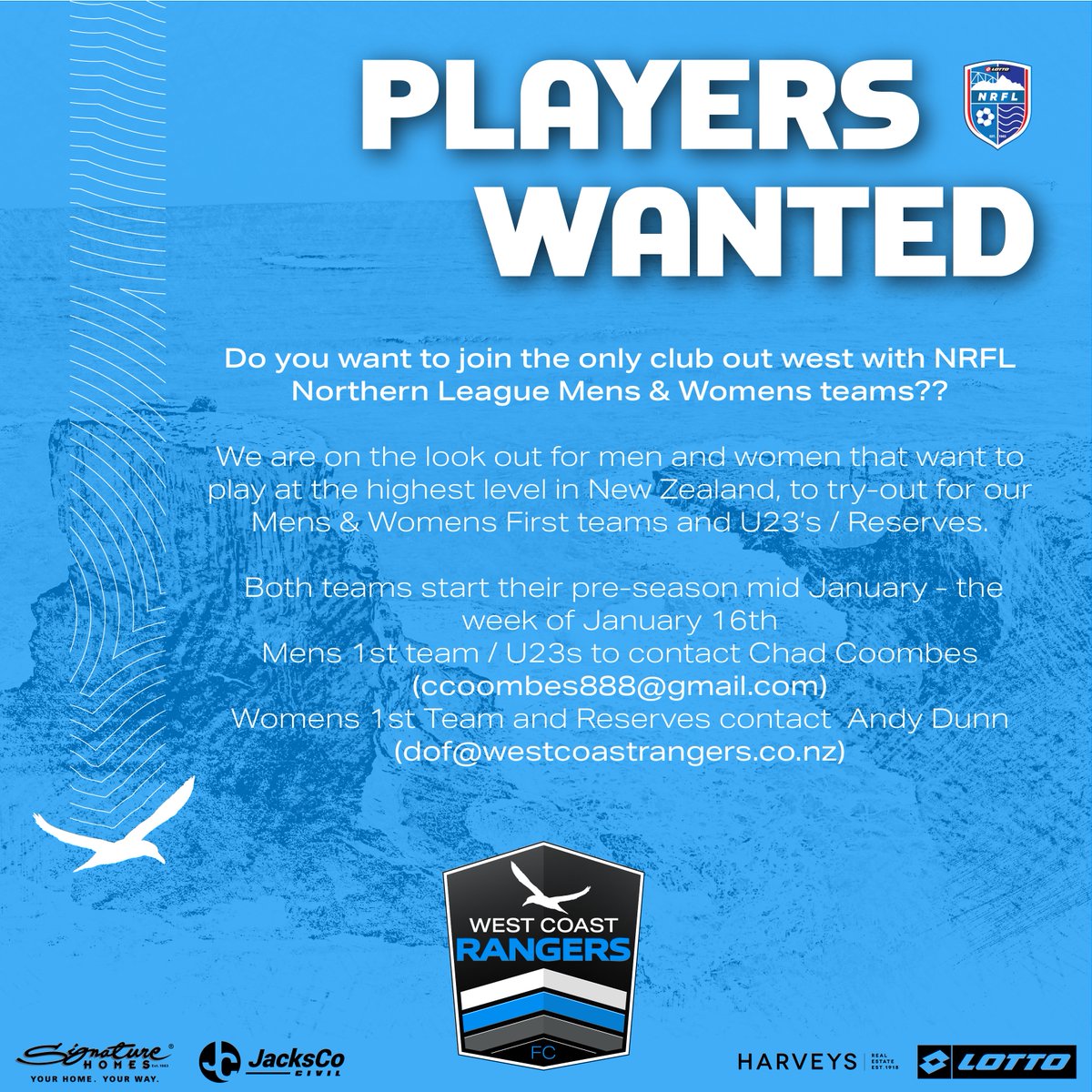 We are on the look out for men &amp; women that want to play at the highest level in NZ, to try-out for our Mens &amp; Womens First teams &amp; U23’s / Reserves.
Starting week of January 16th 
Mens 1st U23s contact Chad Coombes
Womens 1st &amp; Res contact Andy Dunn
#wearerangers .<a href="/LOTTONRFL/">LOTTO NRFL</a>