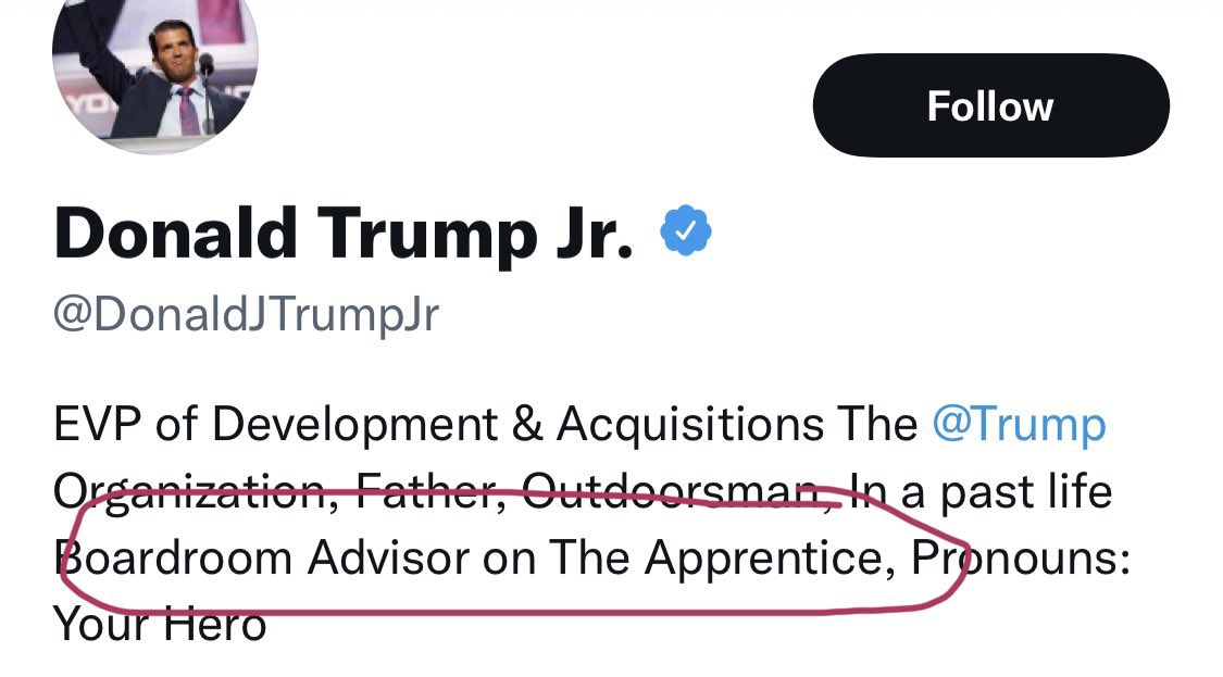 adgirlMM's tweet photo. Don Jr. is tweeting about Pete Buttigieg and whining about “people who get important jobs with no experience.”

This from a guy whose professional experience includes being a “Boardroom Advisor” on a fake TV show. 👇 https://t.co/JGgHjGB9Zn