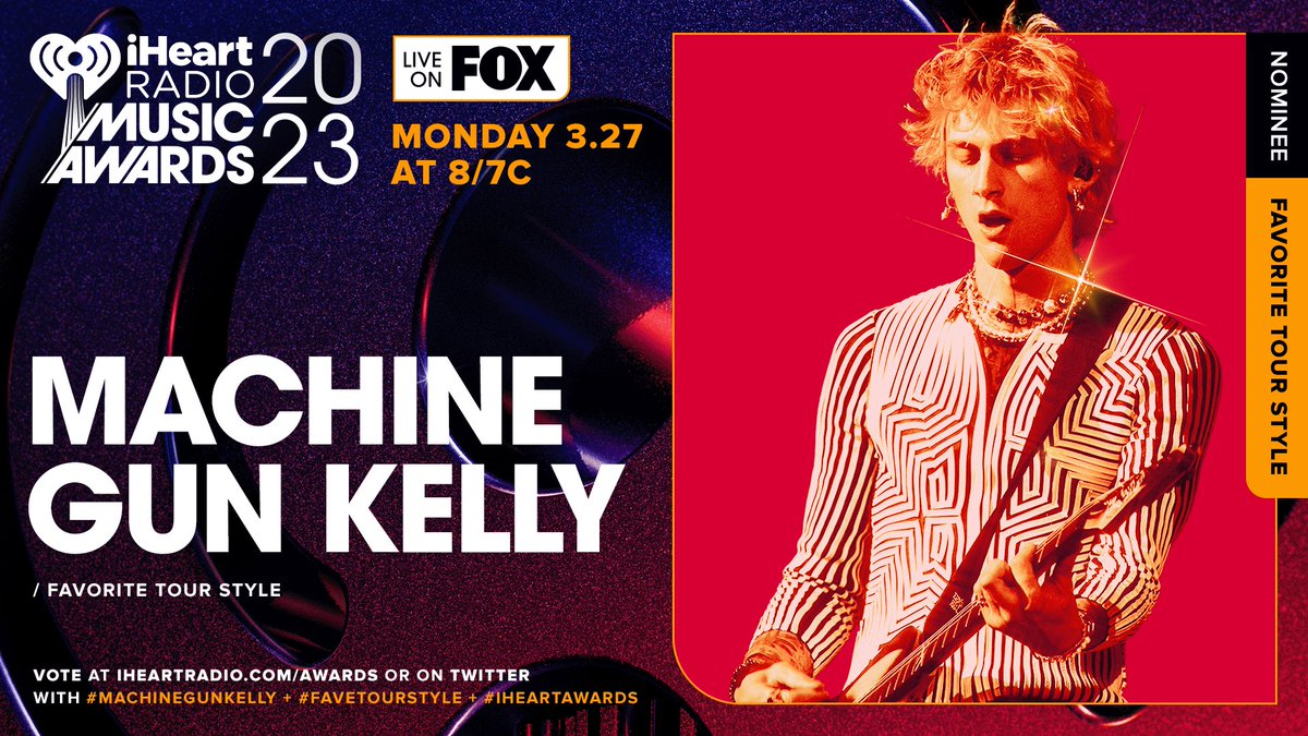 🏆 | MGK has been nominated for 'Favorite Tour Style' at the <a href="/iHeartRadio/">iHeartRadio</a> music awards. Vote using these hashtags #MachineGunKelly #FaveTourStyle #iHeartAwards and on their web (US only): iheart.com/music-awards/#…