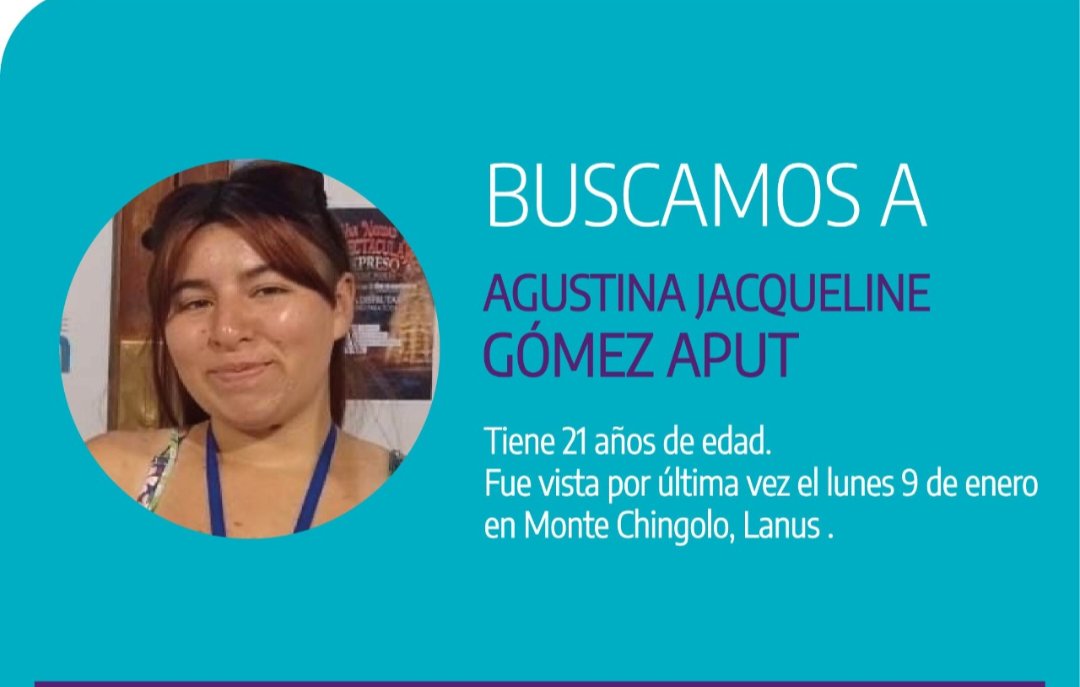 Sandra25ofelia's tweet photo. ⚠️ Estamos buscando a Agustina Jacqueline Gómez Aput. Vista por última vez en #Chingolo.
👉🏻 Cualquier información llamá al 911. https://t.co/j4mQlVR8Fj
