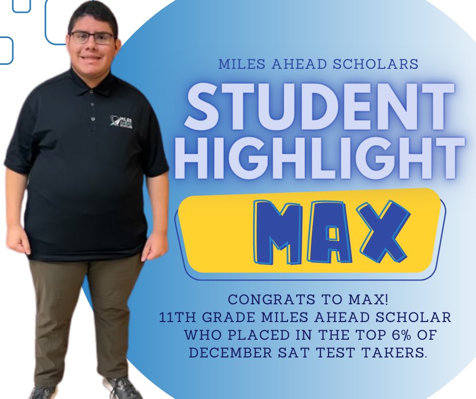 Miles Ahead Scholars Program (@milesahead_hisd) on Twitter photo Congrats to Max! 11th grade #MilesAheadScholar <a href="/WeLoveWheatley/">Phillis Wheatley High School</a> scholar who has placed within the top 6% of all December 2022 SAT test takers!
He aspires to major in Computer Science with the plan of starting his career as a Security Engineer. Way to go Max 💪🏽‼️ Congrats to Max! 11th grade #MilesAheadScholar <a href="/WeLoveWheatley/">Phillis Wheatley High School</a> scholar who has placed within the top 6% of all December 2022 SAT test takers!
He aspires to major in Computer Science with the plan of starting his career as a Security Engineer. Way to go Max 💪🏽‼️
