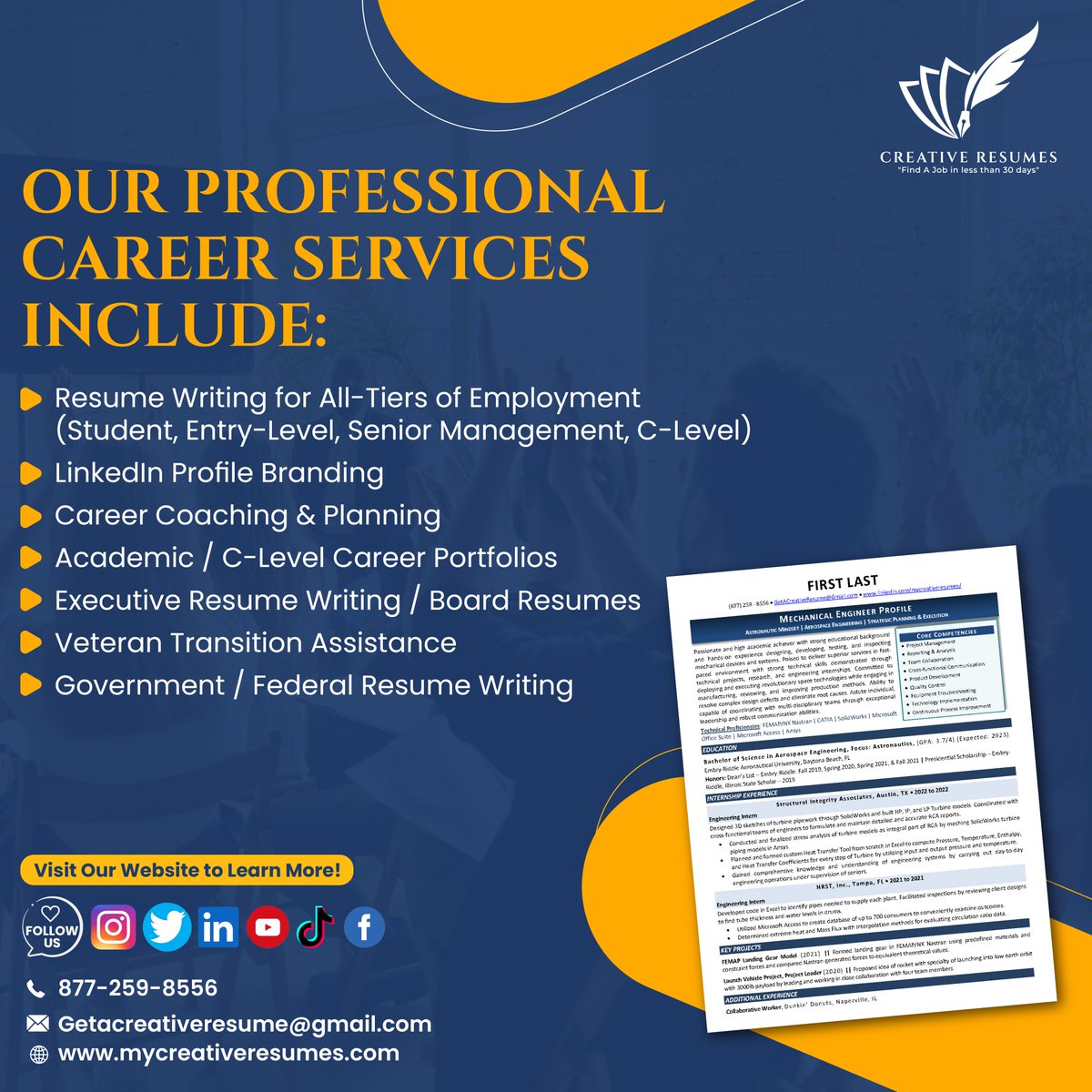 CreativeResume1's tweet image. We offer a wide variety of 👔 professional career services to include, including #resumewriting services, #CoverLetter preparation, #linkedinprofileoptimization, #ExecutivePortfolios, and much more. 

👉 SCHEDULE A FREE CONSULTATION WITH A CAREER EXPERT: MYCREATIVERESUMES.COM