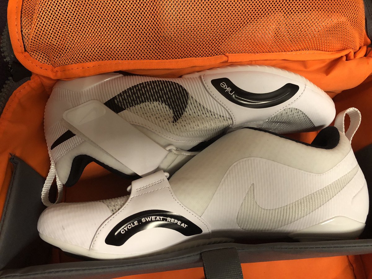 MarcNettelmann's tweet photo. new shiny white shoes #nike superrep cycle #spinning #indoorcycling 
I like the print: cycle - sweat - repeat
#ballern #GoHardOrGoHome https://t.co/SNYcbHTU6G