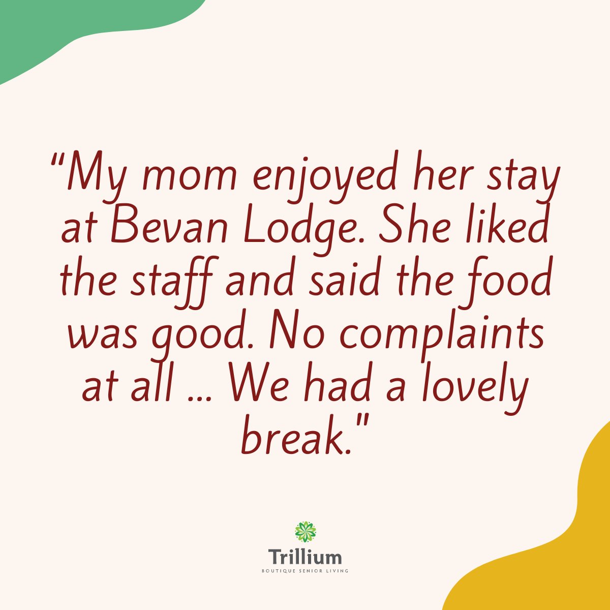 We're proud to offer short-term stays and respite stays in our communities. Here's what one of our resident's family told us about their mom's respite stay at Bevan Lodge.

#respitestay #testimonial #seniorlivingbc #shorttermstay #bevanvillage #bevanlodge #abbostfordbc