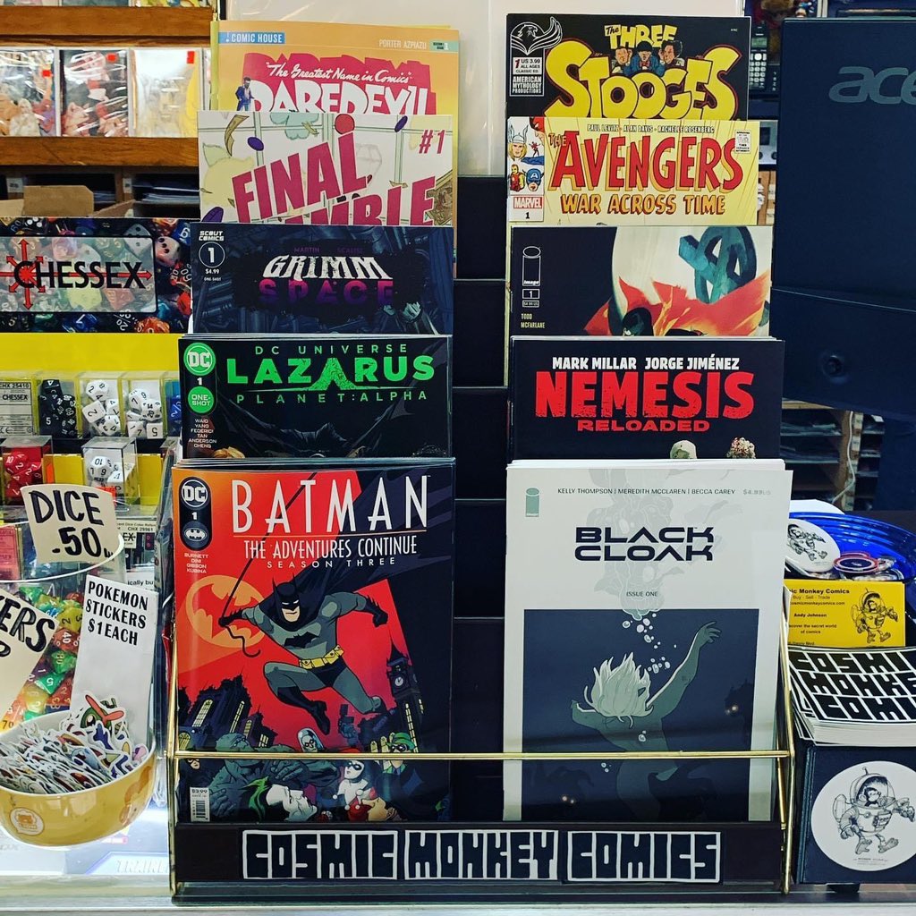 cosmicmonkey's tweet photo. Featured titles released this week! #batmanadventurescontinuesseasonthree #blackcloak #dcuniverselazarusplanetalpha #grimmspace #dpawnunwantedviolence #finalgamble #avengerswaracrosstime #thegreatestnameincomicsdaredevil #thethreestoogesjubilee #ncbd #comics #cosmicmonkeycomics https://t.co/2wzq6xUaDf