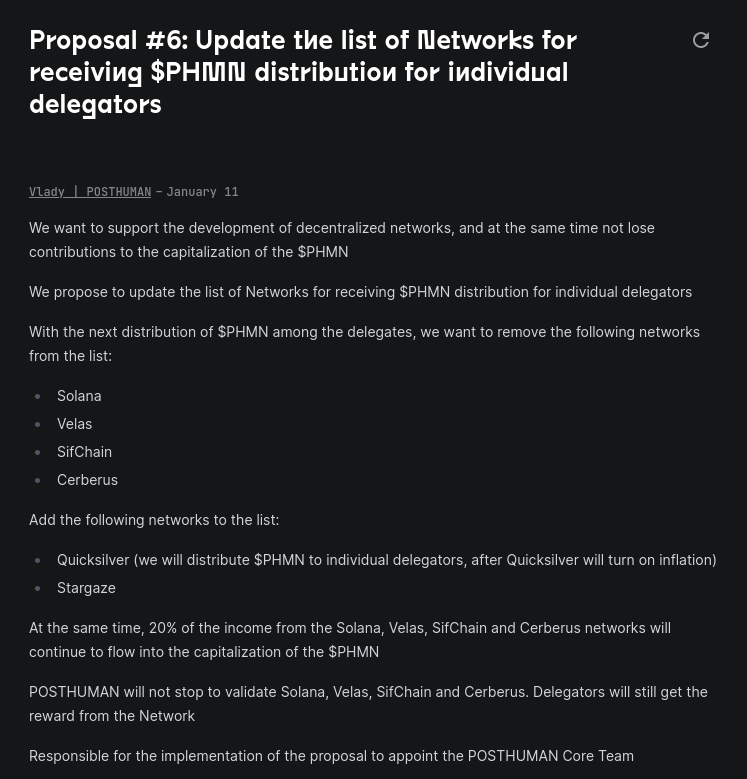 POSTHUMAN_DVS's tweet photo. Proposal #6 in POSTHUMAN DAS is alive!

Update the list of Networks for receiving $PHMN distribution for individual delegators

Decentralized Governance is based on your participation!

https://t.co/9ogVRK5Yu8 https://t.co/0356rrK5OE