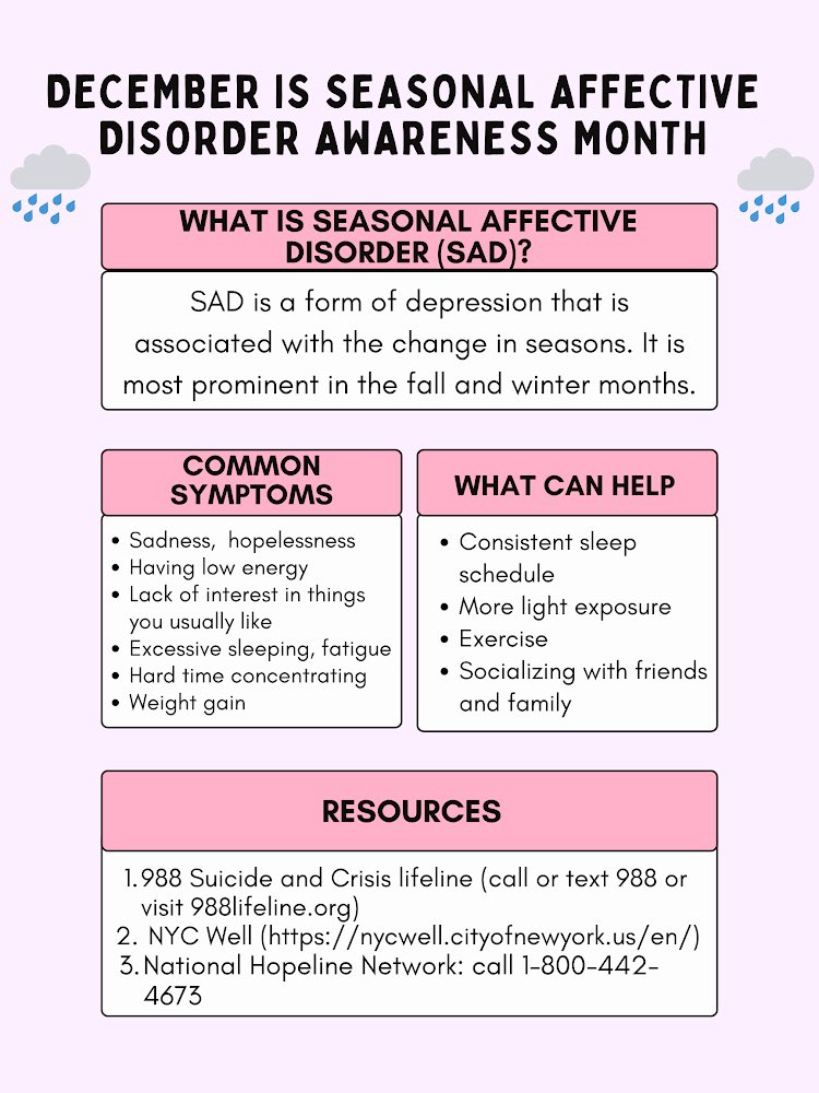 December was national Seasonal Affective Disorder (SAD) Awareness month! Here is some information and support resources surrounding SAD. #SAD #seasonalaffectivedisorder #newyork #newyorkers #publichealth
