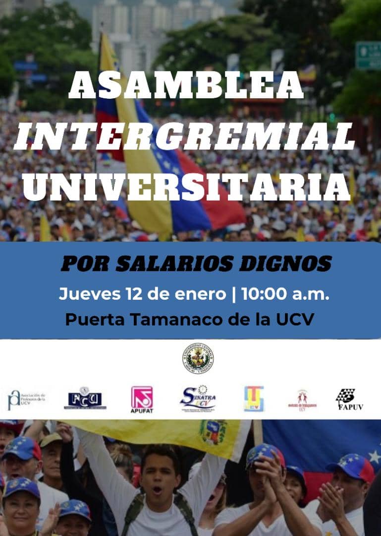 FAPUV's tweet image. Mañana, jueves #12Ene, siguiendo con el cronograma de acciones por #RespetoALosDerechosLaborales convocamos a la Asamblea Intergremial Universitaria, en Puerta Tamanaco de la UCV, a las 10 am. ¡Asiste colega!