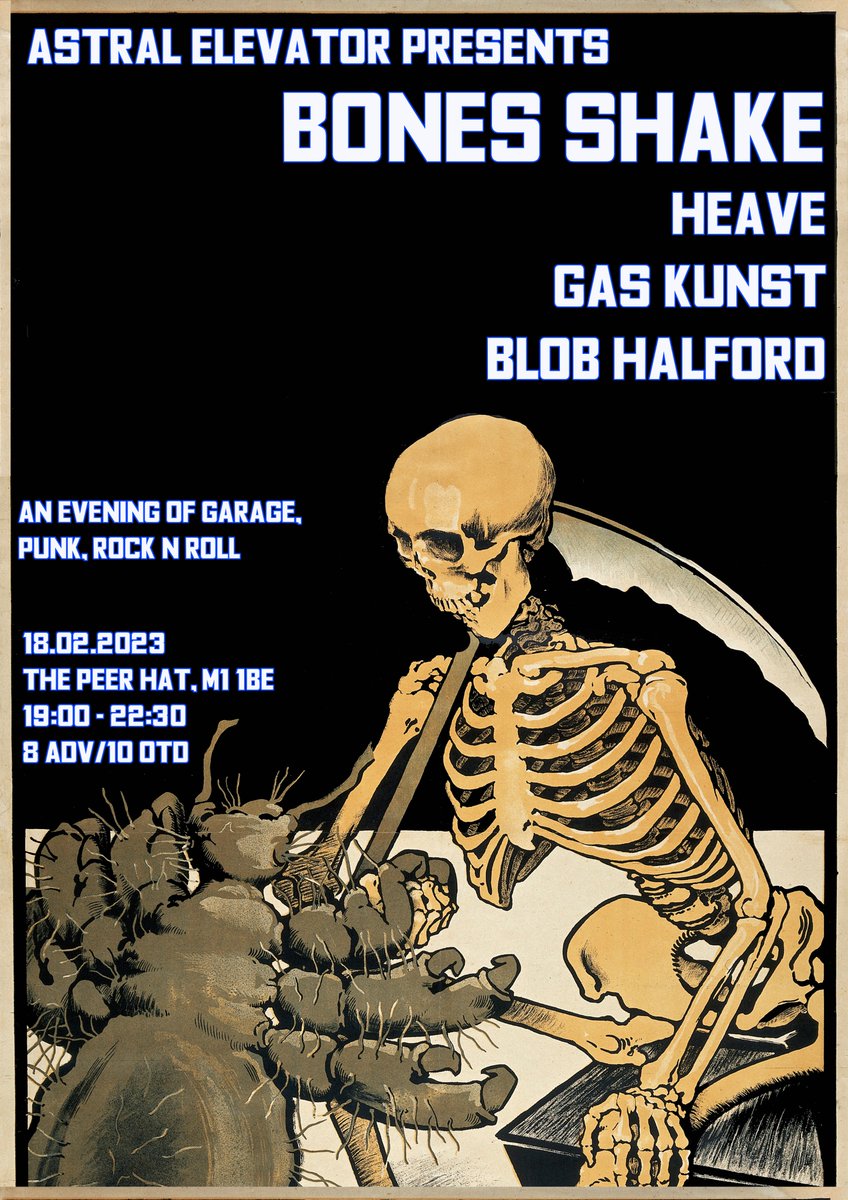 Our first gig of 2023 is a night of garage, punk, rock n roll with four noisy bands set to raise the roof of @the_peer_hat - we bring you the sounds of @bonesshake Heave, Gas Kunst &amp; Blob Halford! Advance tickets are on sale now; seetickets.com/.../bones.../t…