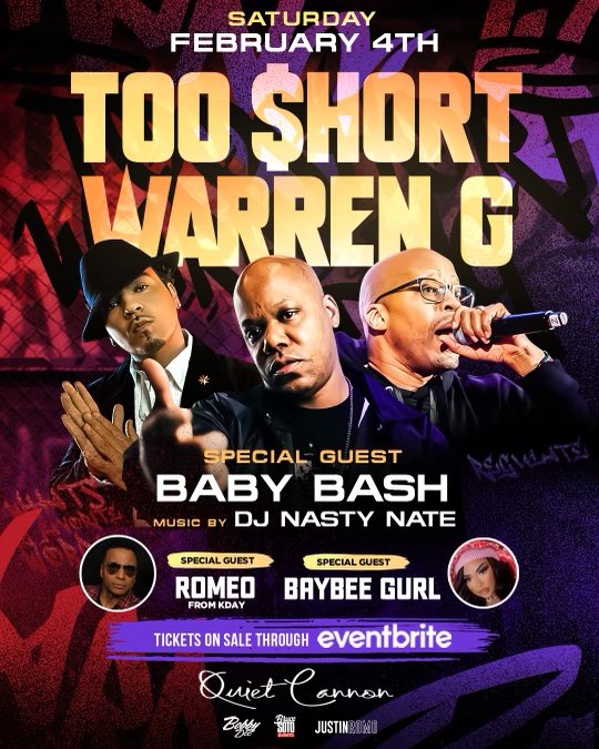 Get your tickets to see #TooShort, #WarrenG, and #BabyBash perform live Saturday 2/4 at the Quiet Cannon in #MontebelloCa w/ host Romeo from <a href="/935KDAY/">935 KDAY</a>. 

eventbrite.com/e/too-hort-war…