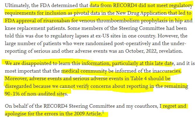 HamidMerchant's tweet photo. FDA identified serious data integrity issues in clinical trials #Record4 for #rivaroxaban. This was not mentioned when trial was published in Lancet. @TheLancet now published an apology, revisiting RECORD4
https://t.co/1cKD8e9LUA
https://t.co/bXjVLcZWdv https://t.co/0qPlTxQbxX